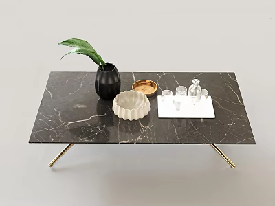 Elegant Coffee Table With Black Marble Top Golden Legs And Decorative Vase Tray Bowl Glasses 3d model
