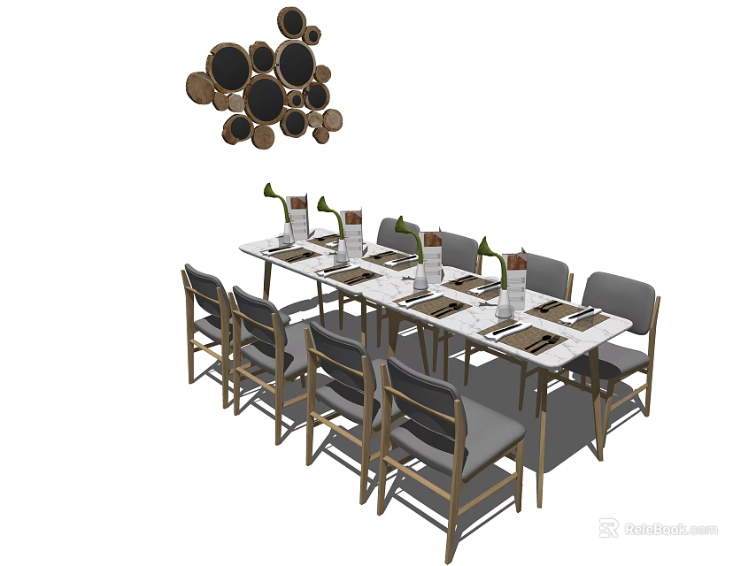 Modern Dining Table Set With Grey Chairs Vases And Circular Decorative Pendant Lights 3d model