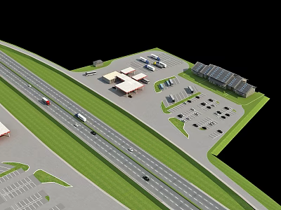 Highway Service Area With Buildings Parking Spaces And Green Areas Along Road Lanes 3d model