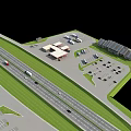 Highway Service Area With Buildings Parking Spaces And Green Areas Along Road Lanes