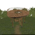 Circular Road Observation Decks With Spiral Stairs Wooden Structures And Metal Railings On Grassland