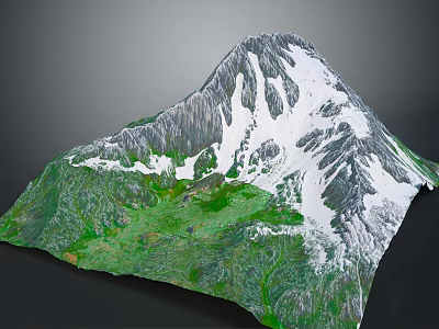 Detailed Mountainous Terrain 3D Model With Snow Covered Peaks And Green Vegetated Areas 3d model