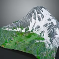 Detailed Mountainous Terrain 3D Model With Snow Covered Peaks And Green Vegetated Areas