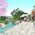 Rooftop Garden Design Featuring Stone Paved Walkway Water Feature Pink Flowering Trees And Relaxing Seating