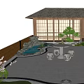 Japanese Garden Courtyard With Wooden Pavilion Red Maple Cherry Blossom Trees Stone Path Water Feature