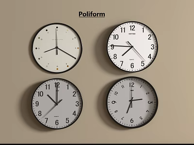 Poliform Modern Wall Clocks With Four Different Designs White Dials And Black Frames 3d model