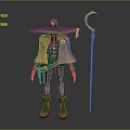 Wizard Character With Green Gray Attire Orange Cloak Wide Brimmed Hat And Long Staff