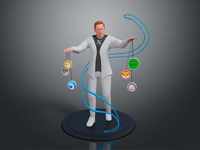 Man In White Coat Standing On Black Platform With Blue Flowing Lines And Circular Icons 3d model