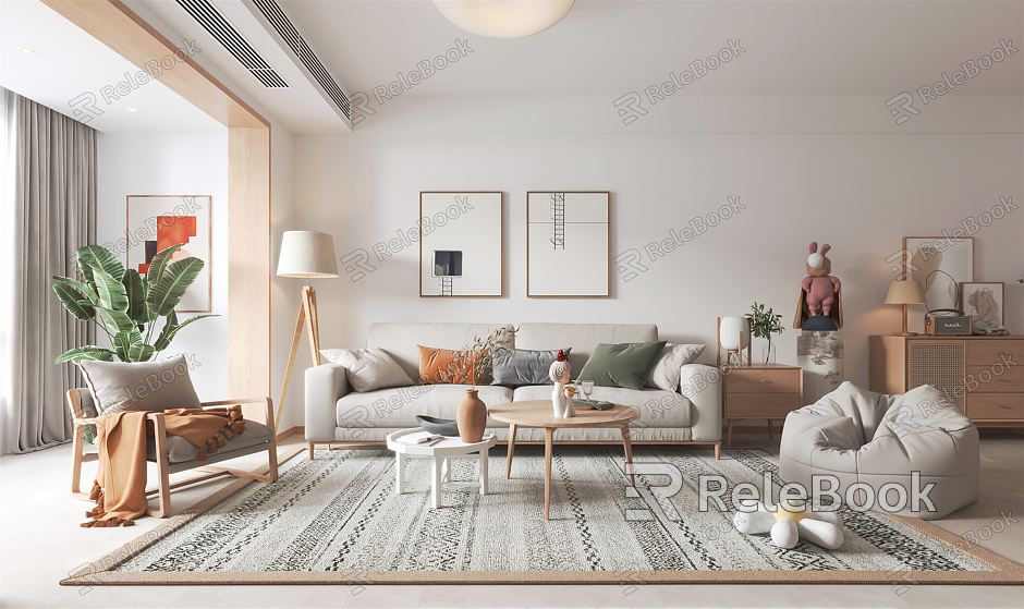 Nordic Style Living Room Sofa Coffee Table Combination Sofa Background Wall Living Room Decoration Lazy Sofa Leisure Chair Decorative Cabinet Entrance Cabinet Living Room Hanging Painting model