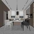 Modern Open Dining Room Interior With Black Dining Table Pendant Lights And White Cabinets 3d model