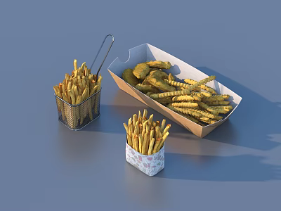 Crispy Straight And Crinkle Cut Fries In Metal Basket Paper Box And Small Carton 3d model