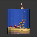 Colorful Aquatic Animals Swimming in Blue Wavy Water with Layered Bottom and Red Lighthouse