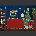 Cartoon Christmas Living Room With Decorated Tree Star Lights Red Sofa And Rocking Horse