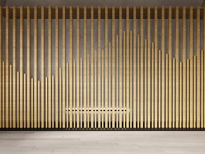 Modern Wooden Vertical Slat Wall With Gradient Height Design And Built In Lighting Strip 3d model