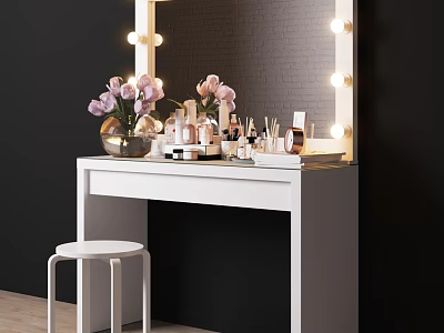 White Dressing Table With Lighted Mirror Cosmetics Skincare Products Pink Flowers And Stool 3d model