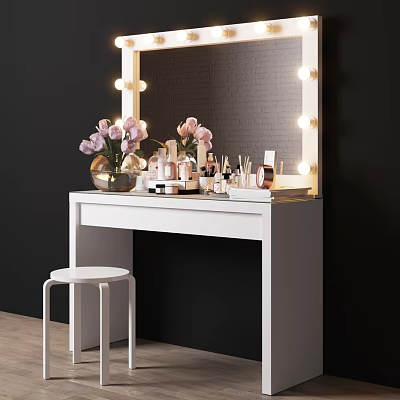 White Dressing Table With Lighted Mirror Cosmetics Skincare Products Pink Flowers And Stool 3d model