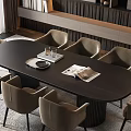 Modern Dining Table Set With Oval Dark Tabletop Eight Light Brown Chairs And Light Rug