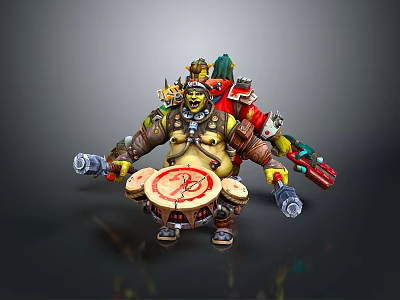 Orc Warrior Character With Muscular Build Wearing Helmet Armor Holding Drum Red Symbol And Weapons 3d model