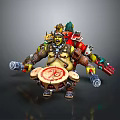 Orc Warrior Character With Muscular Build Wearing Helmet Armor Holding Drum Red Symbol And Weapons