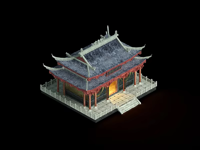 Ancient Chinese Building With Curved Eaves Tiled Roof Red Pillars Wooden Door And Stone Steps 3d model