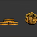 Three Golden Sandwich Cookies And Cluster Of Round Pastries On White Background