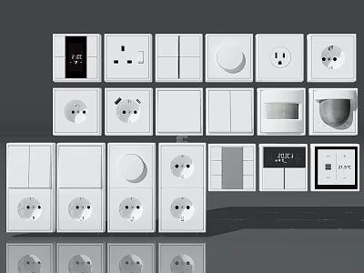 White Electrical Socket And Switch Panel Collection Featuring Various Designs USB Ports And Shapes 3d model
