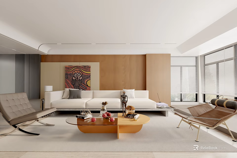 Modern Living Room Interior With White Sofa Wooden Coffee Table And Armchairs 3d model 