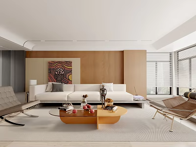 Modern Living Room Interior With White Sofa Wooden Coffee Table And Armchairs 3d model