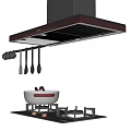 Sleek Modern Kitchen Appliances Including Range Hood Gas Stove Cooking Pot And Hanging Utensils