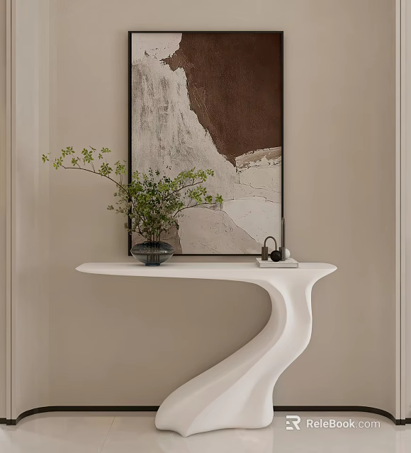 Modern White Console Table With Green Plant And Abstract Painting On Light Wall 3d model 