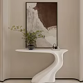 Modern White Console Table With Green Plant And Abstract Painting On Light Wall