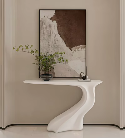 Modern White Console Table With Green Plant And Abstract Painting On Light Wall 3d model