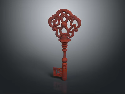 Red Carved Decorative Key With Intricate Floral Pattern And Ornate Handle 3d model