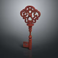 Red Carved Decorative Key With Intricate Floral Pattern And Ornate Handle