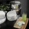 Modern White Kitchenware Display With Pots Bowls Copper Holders And Green Plants On Shelves