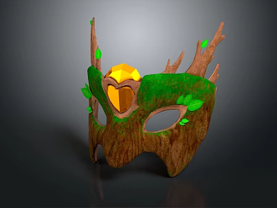 Wooden Forest Themed Mask With Branch Decorations Green Leaves And Yellow Heart Gemstone 3d model
