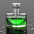 Elegant Green Perfume Bottle with Silver Cap and Decorative Beads on Black Background