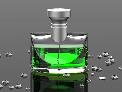 Elegant Green Perfume Bottle with Silver Cap and Decorative Beads on Black Background 3d model