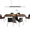 Modern Rectangular Wooden Dining Table with Black Red Chairs and Vase Decoration 3d model