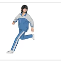 Woman in Blue and White Tracksuit Running Mid Stride with White Sneakers