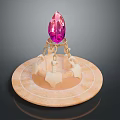 Faceted Pink Gemstone Display On Golden Decorative Base With Circular Platform And Ornamental Details