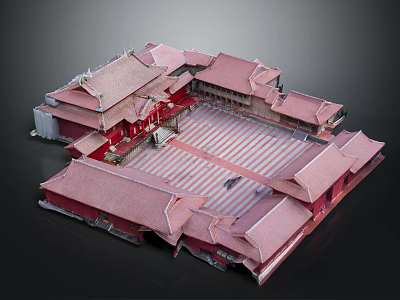 Cartoon Scene of Traditional Chinese Architecture with Red Curved Roofs Courtyard and Wooden Structures 3d model