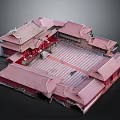 Cartoon Scene of Traditional Chinese Architecture with Red Curved Roofs Courtyard and Wooden Structures