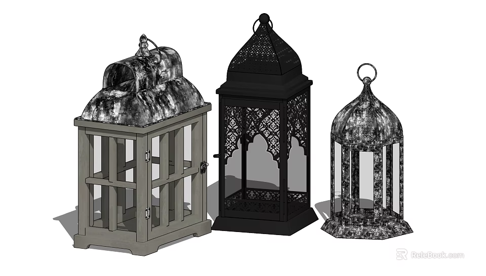 Decorative Candle Lanterns Featuring Various Designs Metal Frames And Glass Panels 3d model