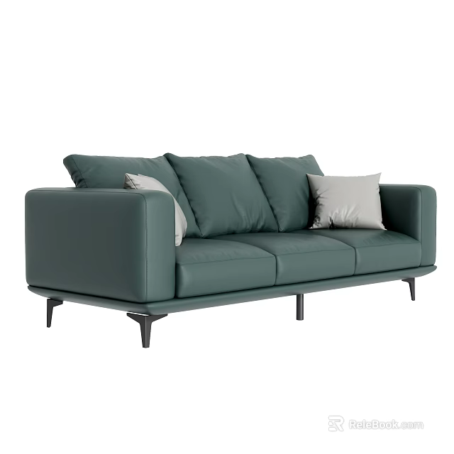Modern Green Leather Three Seater Sofa With Metal Legs And Soft Cushions 3d model 
