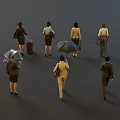 Group of Business Women in Professional Attire Walking with Handbags Umbrellas and Suitcases