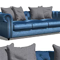 Blue Three Seater Sofa with Gray Cushions and Tufted Arms Design 3d model