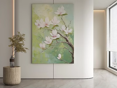Blooming Magnolia Plant Painting in Modern Interior with White Wall and Decorative Vase 3d model
