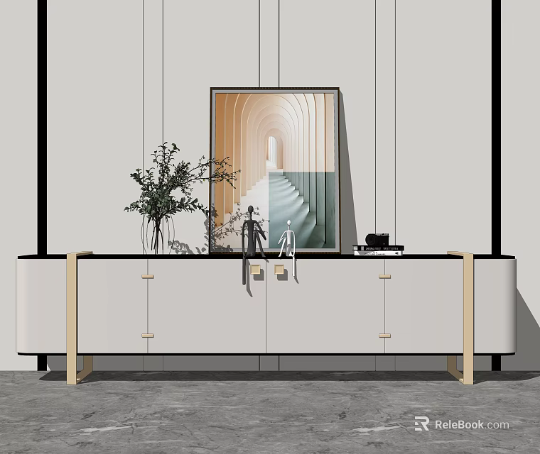 Modern TV Stand with White Cabinet Gold Accents Vase Sculpture and Decorative Painting 3d model 