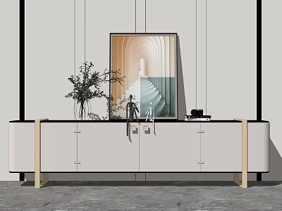 Modern TV Stand with White Cabinet Gold Accents Vase Sculpture and Decorative Painting 3d model